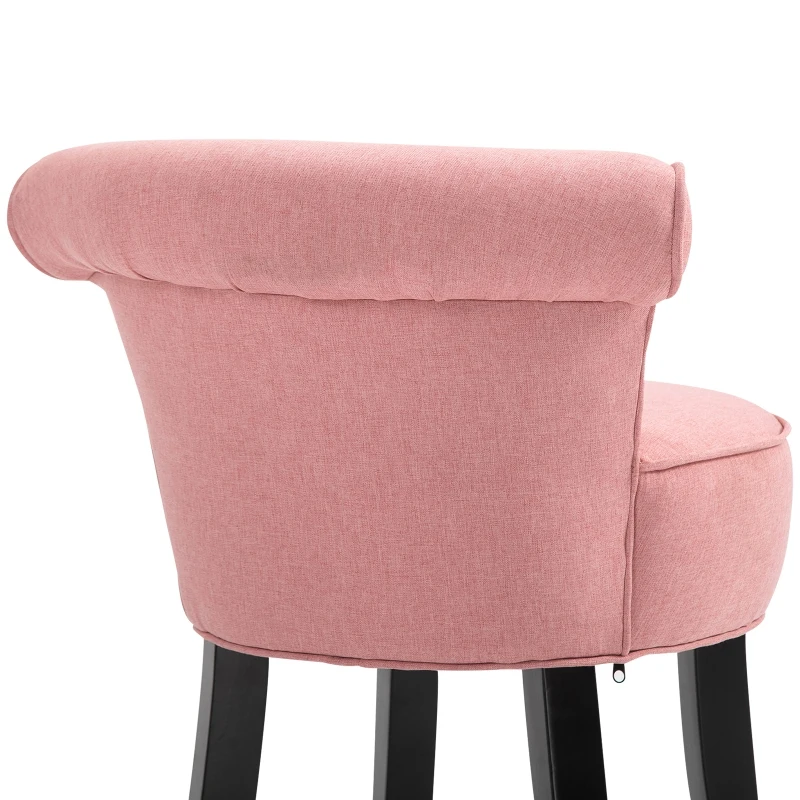 HOMCOM Upholstered Linen Vanity Stool with Curved Thick Padded Backrest, Rubberwood Legs, and Footpads, Pink