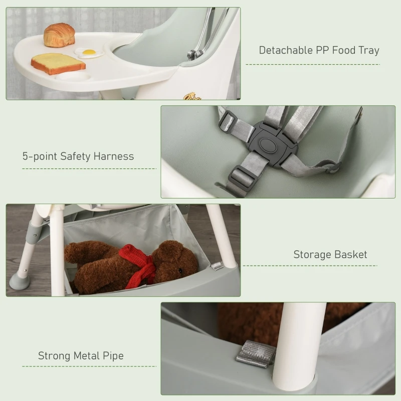 Qaba High Chair Baby Seat with Removable Food Tray for Kids 6 Months - 3 Years, Green