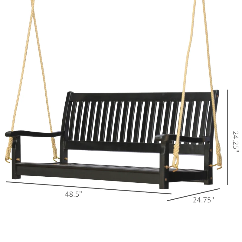 Outsunny 48'' 2-Seater Hanging Porch Swing, Outdoor Patio Wooden Swing Bench w/ Ropes, Slatted Design, 700 lb Weight Capacity, Black