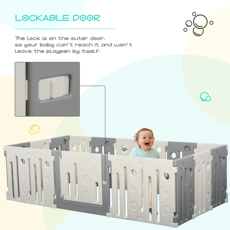 Qaba 16-Piece Children Baby Playpen Kids Activity Center Fence for Kids with Easy Safety Gate & Built-In Fun Toys, Grey