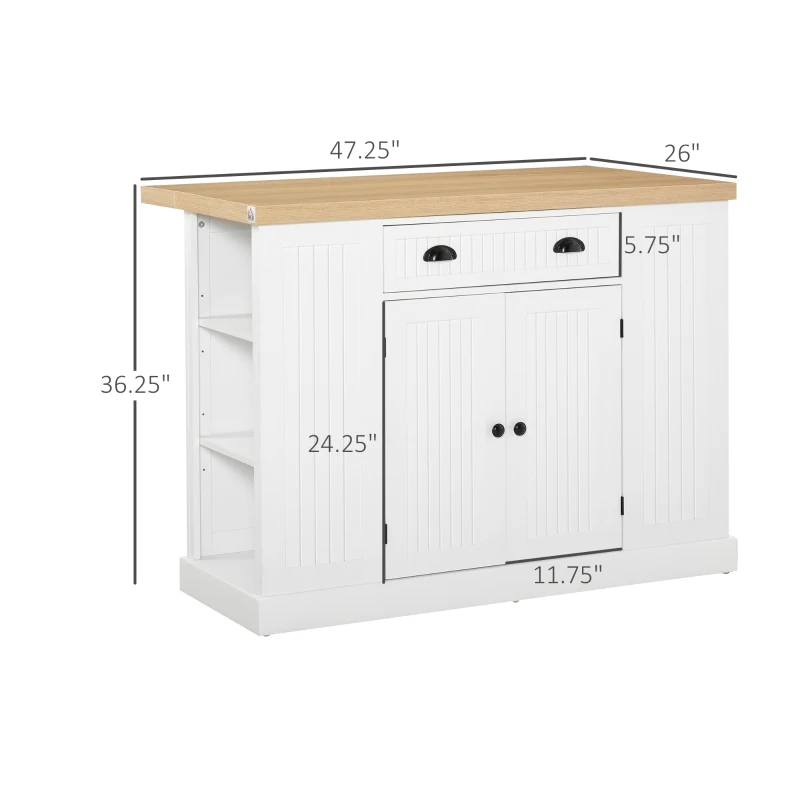 HOMCOM Fluted-Style Wooden Kitchen Island, Countertop with Drop Leaf, Drawer, Open Shelves, Storage, White