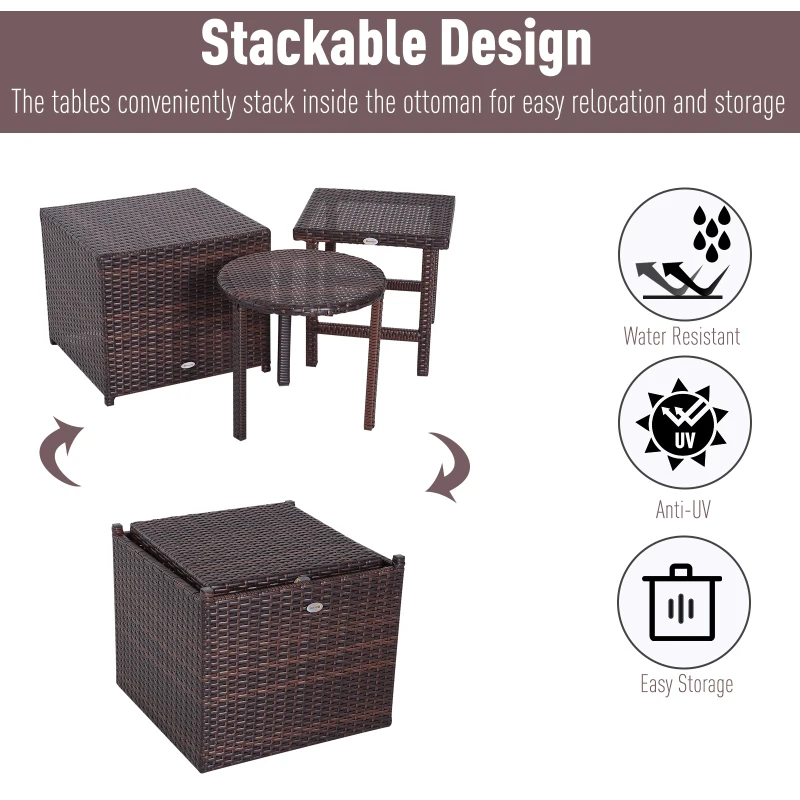 Outsunny 3 Piece Rattan Wicker Side Table Set with Square, Round Shape, Outdoor Garden Coffee Bistro Table, Brown