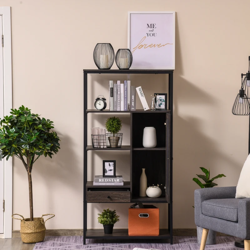 HOMCOM 4-Tier Industrial Style Bookcase with Open Storage Display Rack, Drawer, Cabinet for Living Room, Dark Brown