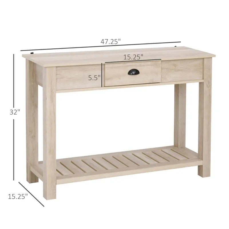HOMCOM Console Side Entryway Table with Storage Drawer, Bottom Shelf, and Strong Sturdy Construction, White Oak