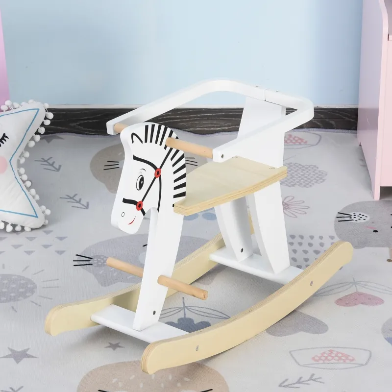 Qaba Kids Rocking Horse, Wooden Toddler Ride-On Toy with Safety Bar, Ideal for Ages 1-3, Perfect for Indoor & Outdoor Play