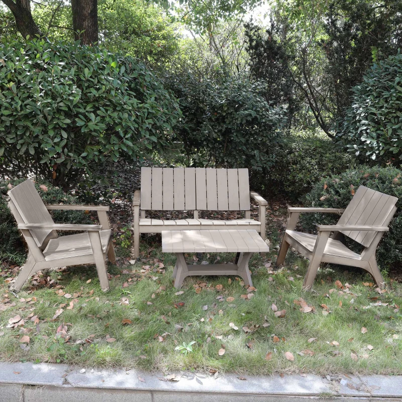 Outsunny 4-Piece Outdoor Patio Conversation Set Garden Furniture Set with Weather-Fighting PP Materials, Adirondack Comfort, & Coffee Table, Light Coffee