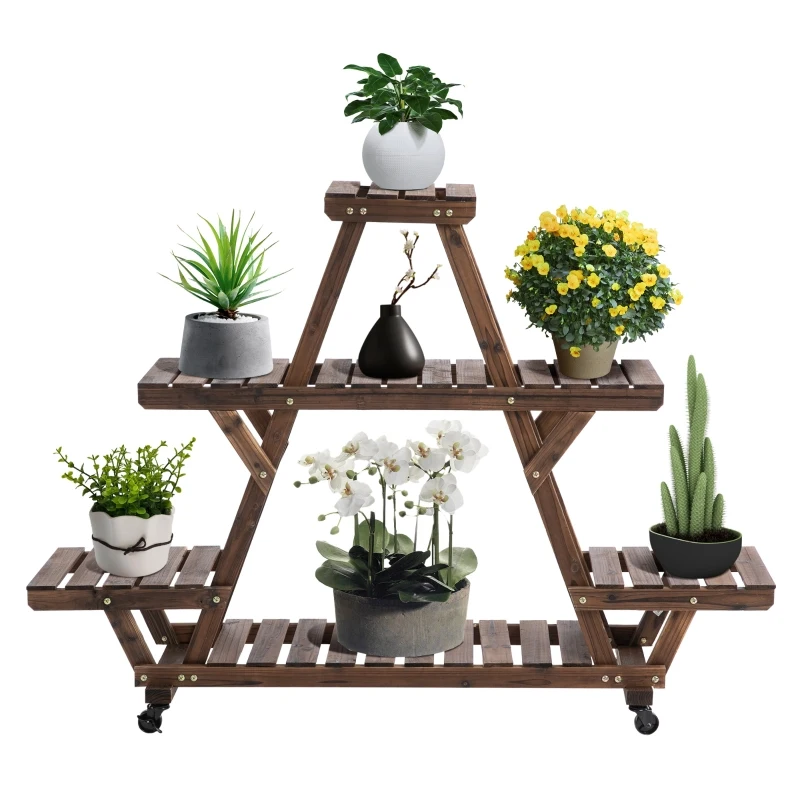 Outsunny Outdoor Plant Stand w/ Wheels and Brakes, Mobile Wood Plant Shelf Flower Stand for Garden Balcony Backyard Corner Living Room, Brown