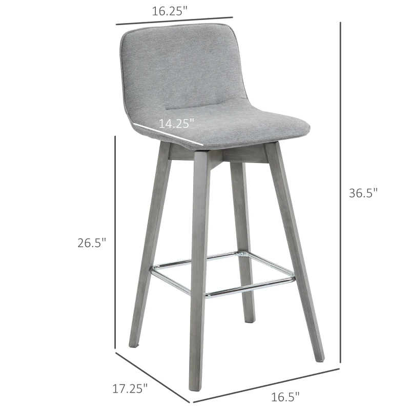 HOMCOM Swivel Bar Stools Set of 2, Counter Height Barstools Linen Fabric Padded Chair with 26.5" Seat Height and Footrest, Grey