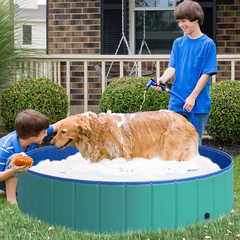 PawHut Foldable Pet Swimming Pool, Portable Dog Bathing Tub, 12" x 55" Plastic Large Dog Pool for Outdoor Dogs and Cats, Green