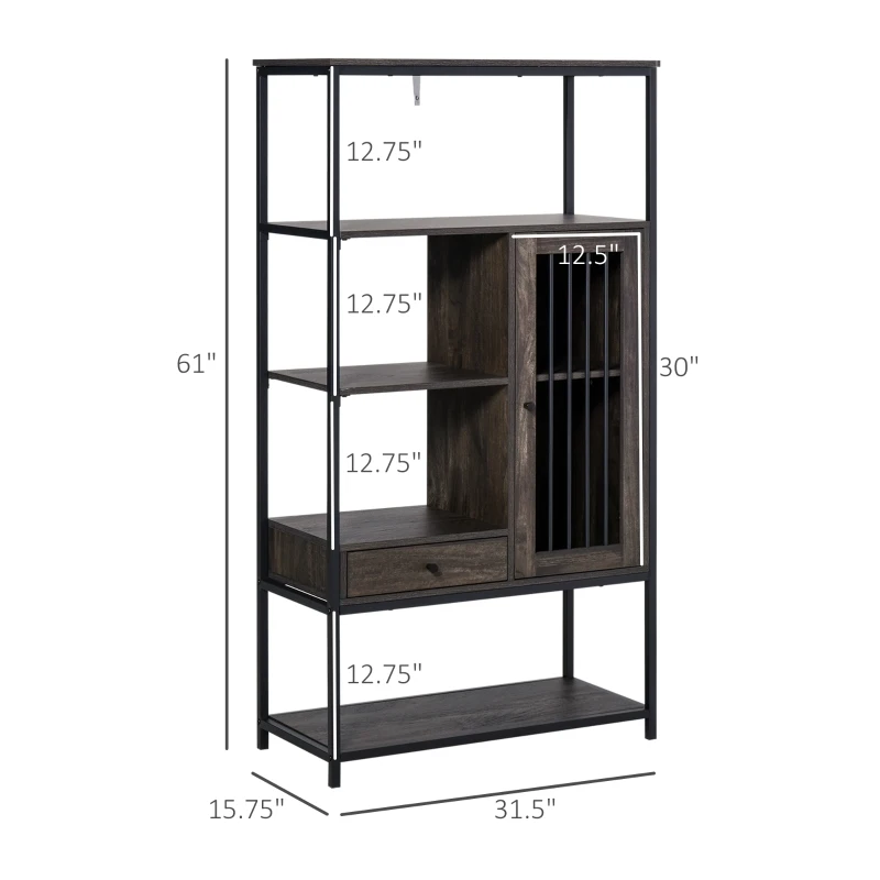 HOMCOM 4-Tier Industrial Style Bookcase with Open Storage Display Rack, Drawer, Cabinet for Living Room, Dark Brown