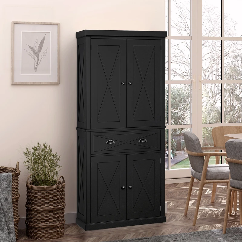 HOMCOM 6ft Wood Farmhouse Colonial Kitchen Pantry Cabinet, with 4 Adjustable Shelves, 2 Wood Pantries, & 1 Drawer, Black
