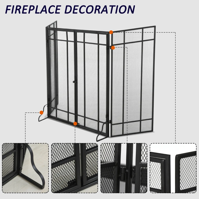 HOMCOM 3-Panel 49.25" W x 31.5" H Metal Mesh Screen Fireplace with Foldable Steel Spark Guard and Magnetic Doors, Black