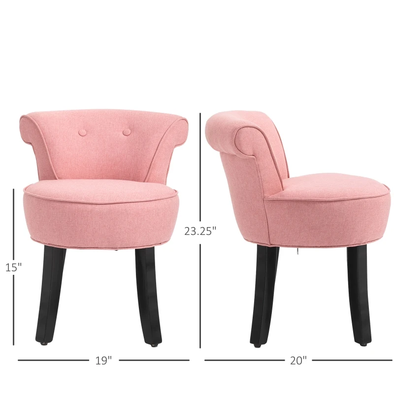 HOMCOM Upholstered Linen Vanity Stool with Curved Thick Padded Backrest, Rubberwood Legs, and Footpads, Pink