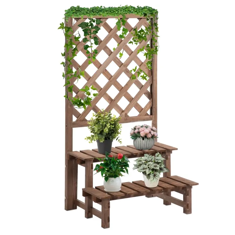 Outsunny Outdoor Plant Stand, Wooden Tiered Plant Shelf with Trellis for  Climbing Vines, Ladder Flower Pot Display Stand for Patio Garden Balcony Living Room