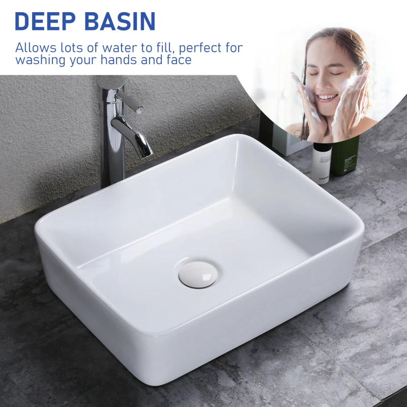 kleankin Rectangular Vessel Sink Above Counter Art Basin Porcelain Ceramic Bathroom Vanity Laundry Sink - High Glossy White