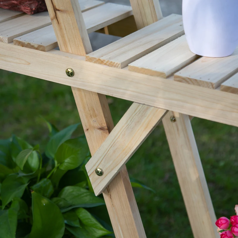 Outsunny Outdoor Plant Stand w/ Wheels and Brakes, Mobile Wood Plant Shelf Flower Stand for Garden Balcony Backyard Corner Living Room, Natural