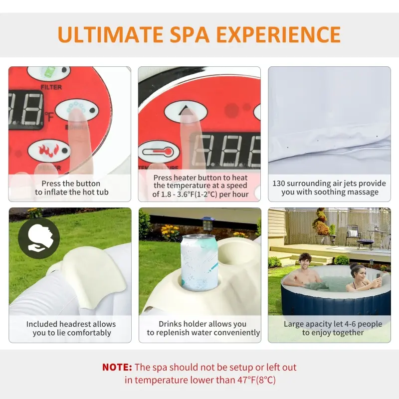 Outsunny 82'' x 26'' Portable Hot Tub 4 Person Outdoor Inflatable Round Heated Tub Spa with 130 Bubble Jets, Filter Pump, Cover, Blue