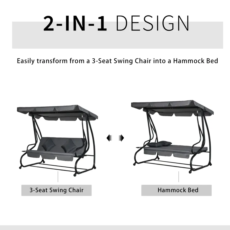 Outsunny 3-Seat Outdoor Patio Swing Chair, Converting Flatbed, Outdoor Swing Glider with Adjustable Canopy, Removable Cushion and Pillows, for Porch, Garden, Poolside, Backyard, Gray