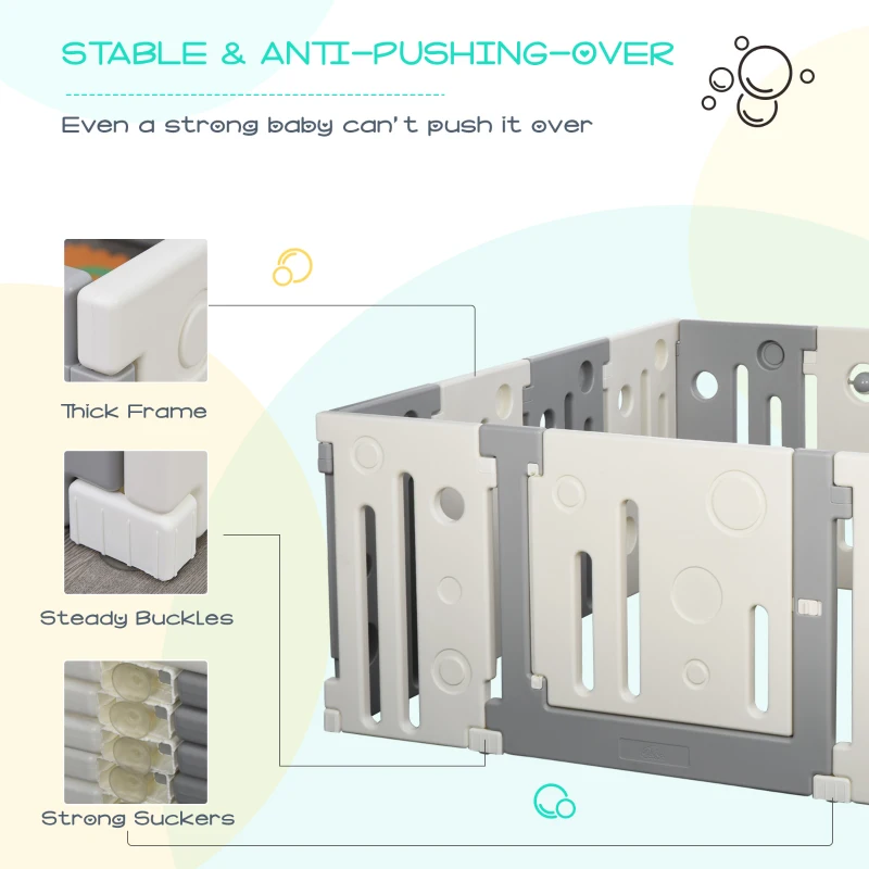 Qaba 14-Piece Children Baby Playpen Kids Activity Center Fence Enclosure with Easy Safety Gate & Built-In Fun Toys, Grey