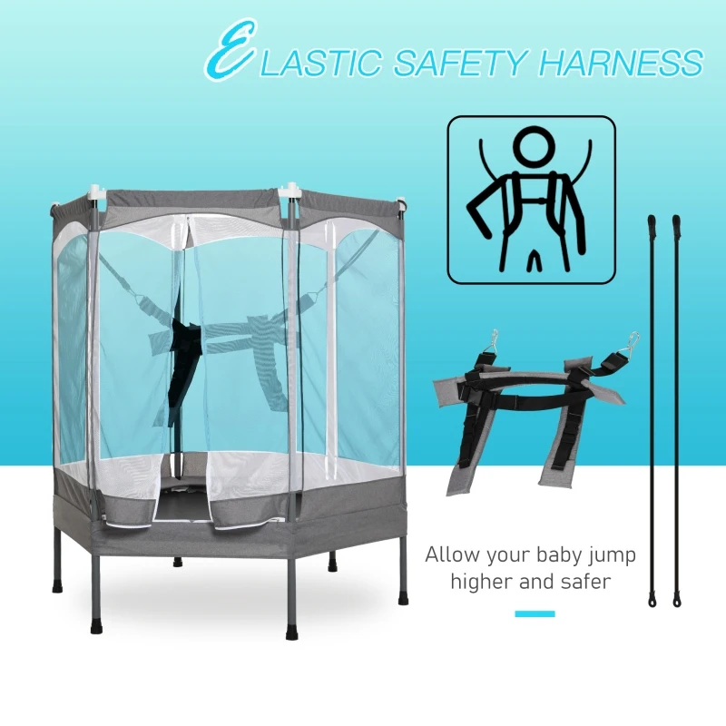 Qaba 59" Mini Rebounder Trampoline for Kids with Net Enclosure, Elastic Harness, & Heavy Duty Bungees