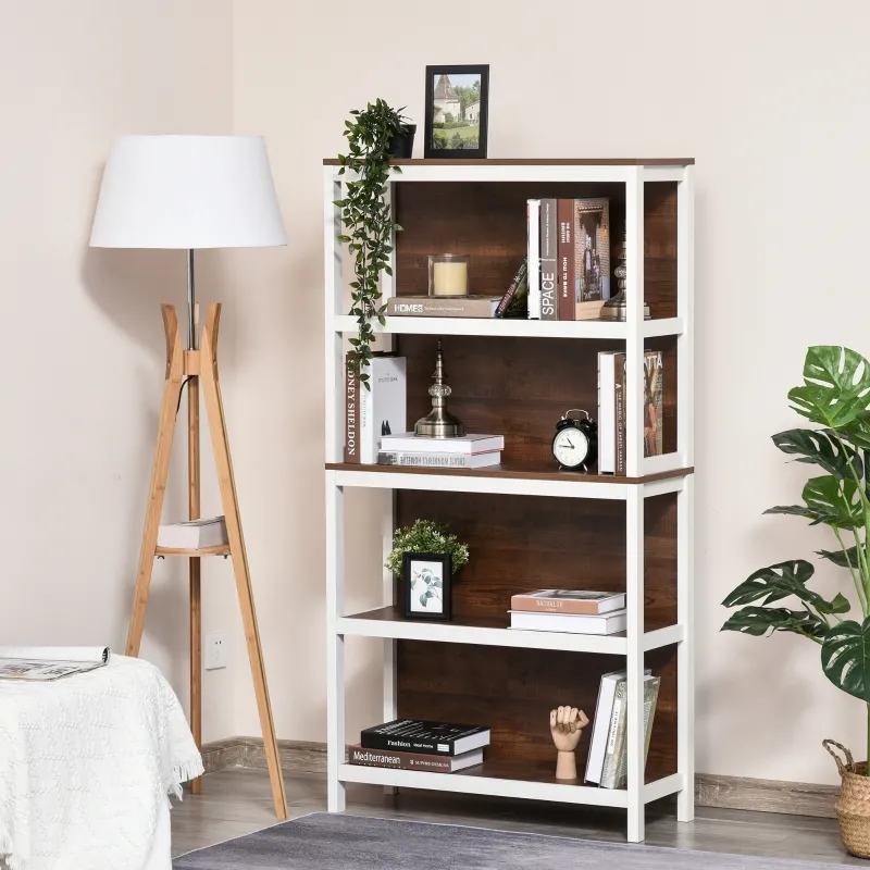 HOMCOM Shelves for Storage, 4 Tier Bookshelf Utility Organizer with Back Support and Anti-Topple Design, Walnut/White