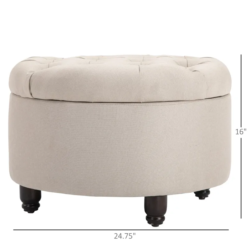 HOMCOM Round Linen-touch Fabric Storage Footstool Ottoman Button Tufted Footrest with Removable Lid, Beige