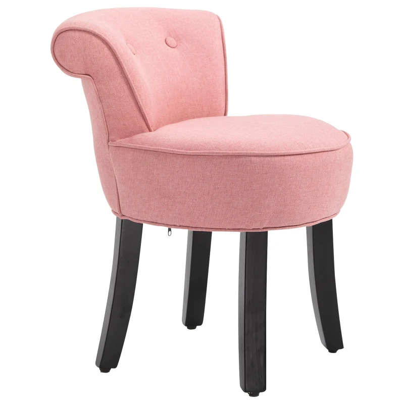 HOMCOM Upholstered Linen Vanity Stool with Curved Thick Padded Backrest, Rubberwood Legs, and Footpads, Pink