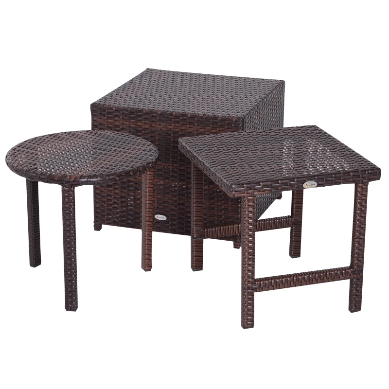 Outsunny 3 Piece Rattan Wicker Side Table Set with Square, Round Shape, Outdoor Garden Coffee Bistro Table, Brown