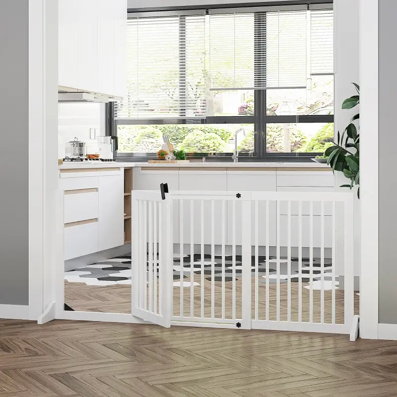 PawHut Freestanding Length Adjustable Wooden Pet Gate with Lockable Door 3 Panels, White