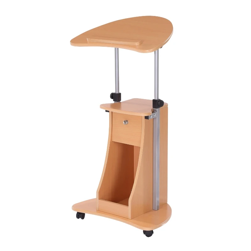 HOMCOM Mobile Laptop Cart,Sit-to-Stand Computer Desk with drawer, Height Adjustable Rolling Podium Desk Stand with Swivel Top & Storage, Beech Wood