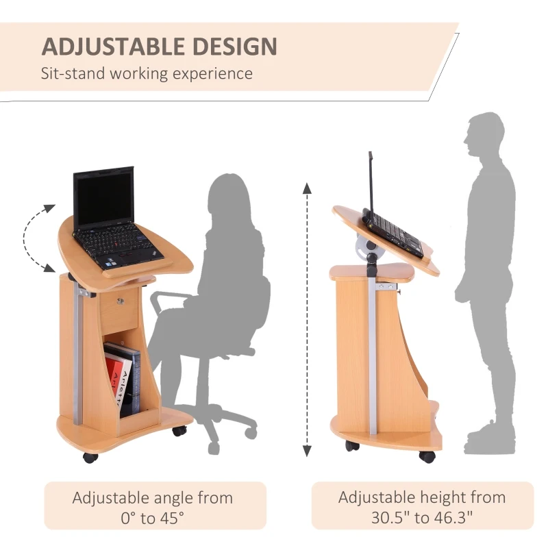 HOMCOM Mobile Laptop Cart,Sit-to-Stand Computer Desk with drawer, Height Adjustable Rolling Podium Desk Stand with Swivel Top & Storage, Beech Wood
