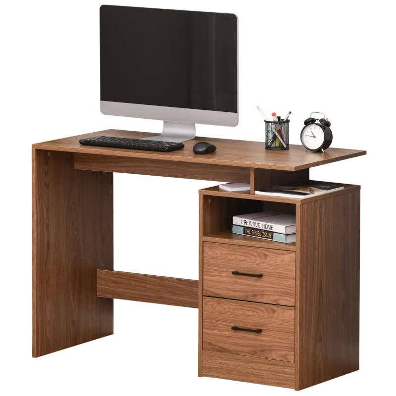 HOMCOM Compact Computer Desk with Split Open Shelves, 2 Pull Out Storage Drawers and Stable Wooden Frame, Walnut
