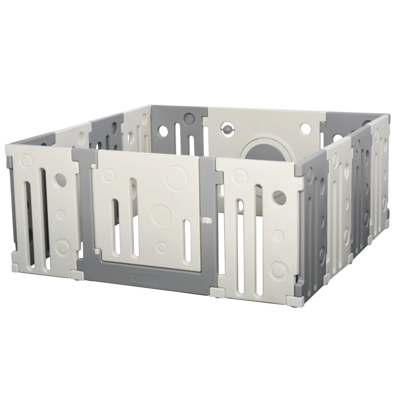 Qaba 14-Piece Children Baby Playpen Kids Activity Center Fence Enclosure with Easy Safety Gate & Built-In Fun Toys, Grey