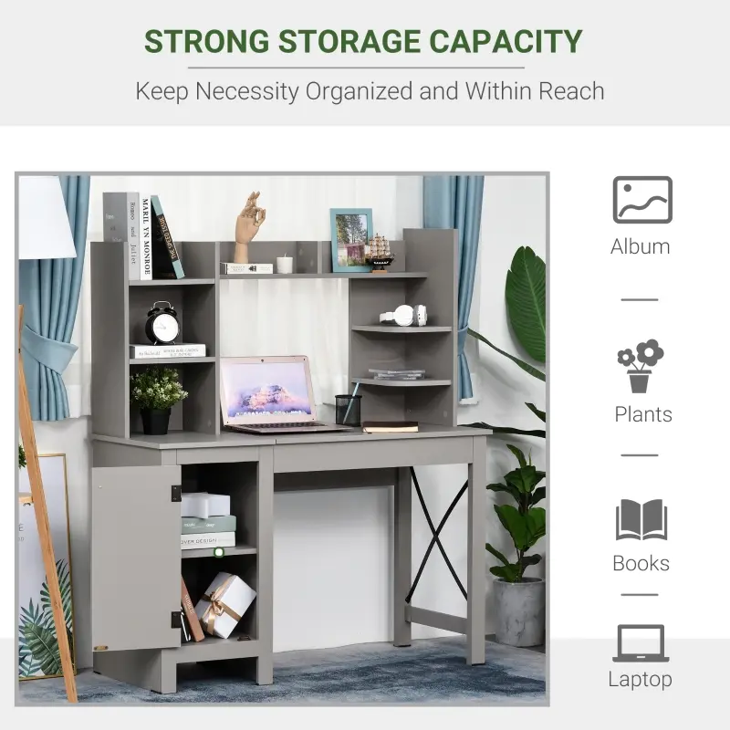 HOMCOM Home Office Computer Desk with Hutch and Storage Cabinet and 6 Shelves, Grey