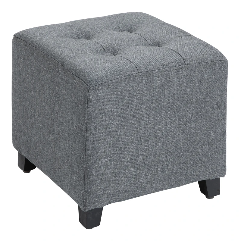 HOMCOM Tufted Ottoman Linen-Touch Fabric Upholstered Footrest Stool with Anti-Slip Pads, Grey