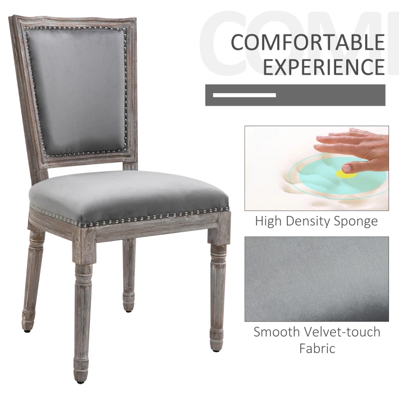 HOMCOM Vintage Upholstered Dining Chairs Set Of 2 with Nailhead Trim , Thick Padded Seat Cushions, and Wood Legs, Grey