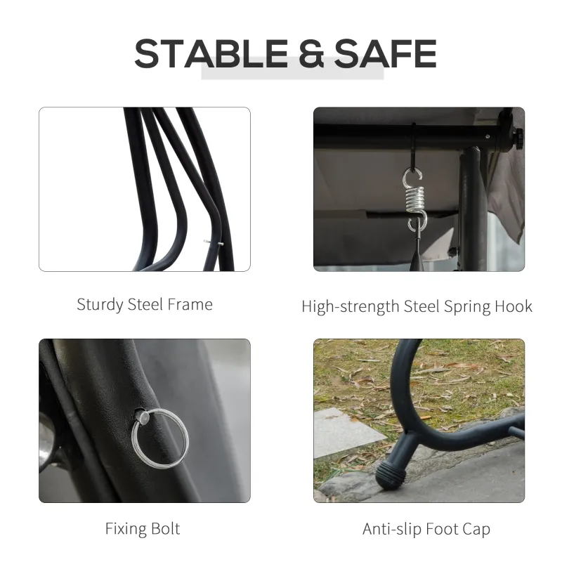 Outsunny 3-Seat Outdoor Patio Swing Chair, Converting Flatbed, Outdoor Swing Glider with Adjustable Canopy, Removable Cushion and Pillows, for Porch, Garden, Poolside, Backyard, Gray