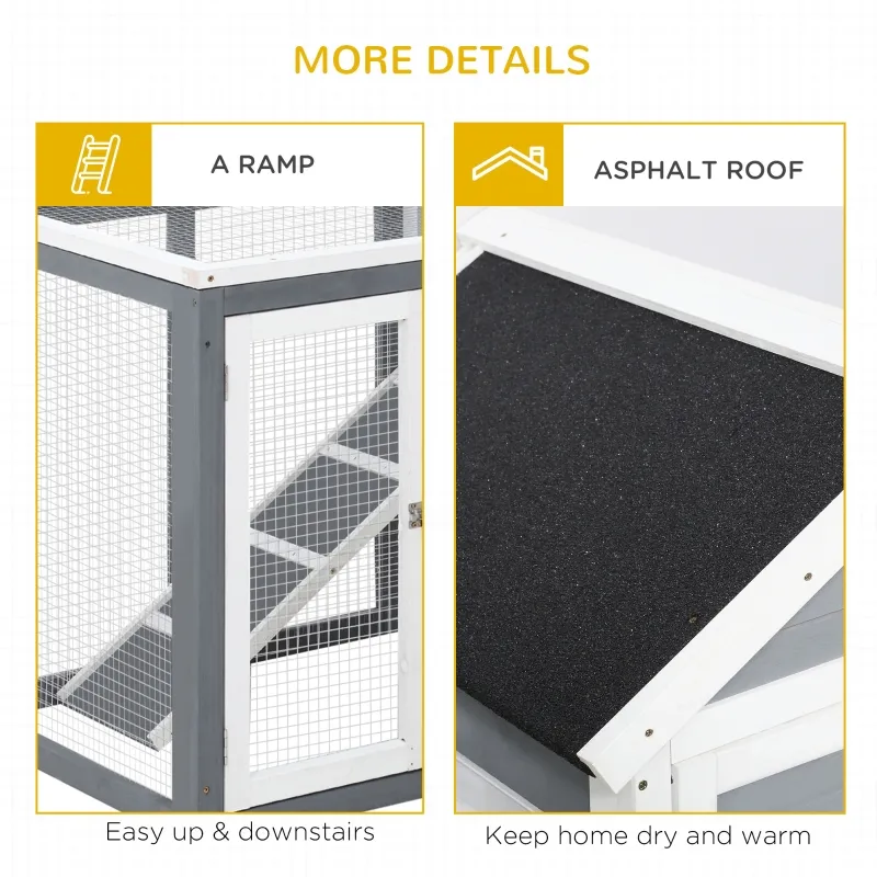 PawHut Indoor Rabbit Enclosure, 48" Weatherproof Wooden Rabbit Hutch, with Slanted Asphalt Roof & Fun Outdoor Run for Bunnies & Ferrets - Gray