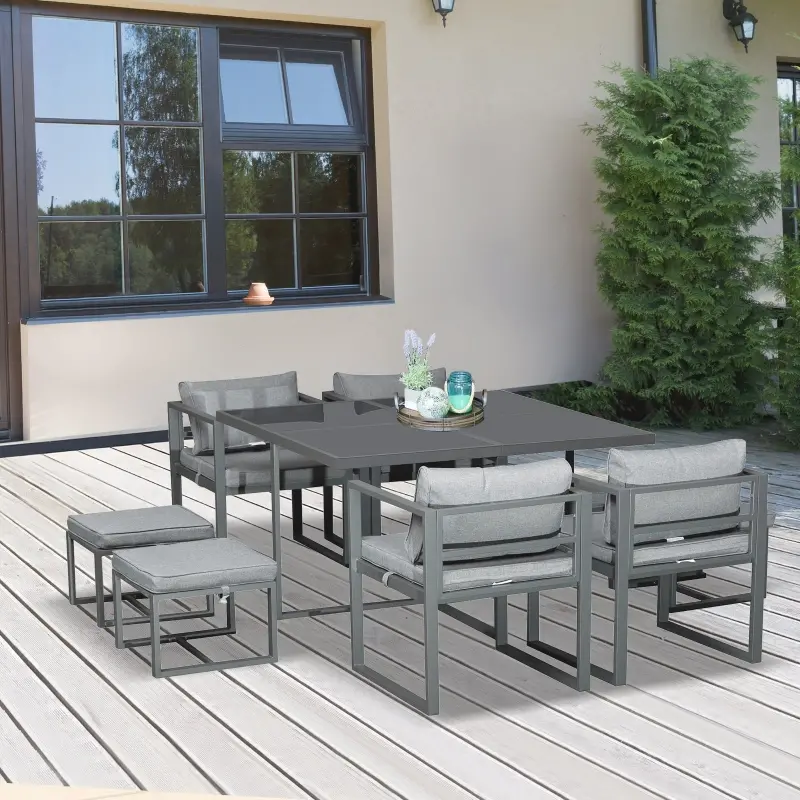 Outsunny 9 Piece Outdoor Patio Dining Set Furniture Set with 4 Chairs, 4 Ottomans, & Glass Table with Cushions & Aluminum Frame