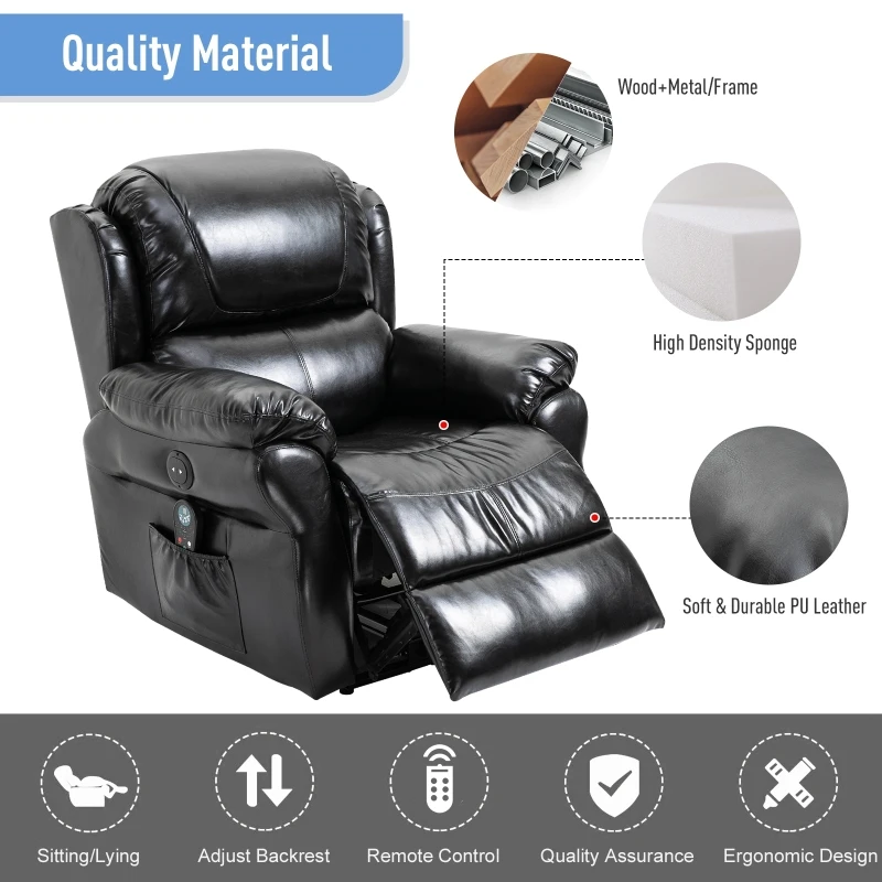 HOMCOM Power Massage Recliner Chair with Heat and Remote Control, 8 Massaging Points, PU Leather - Black