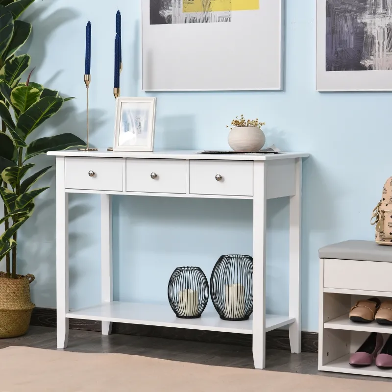 HOMCOM Console Table Industrial Desk with Drawer Bottom Shelf & Large Tabletop for Entryway or Living Room, White