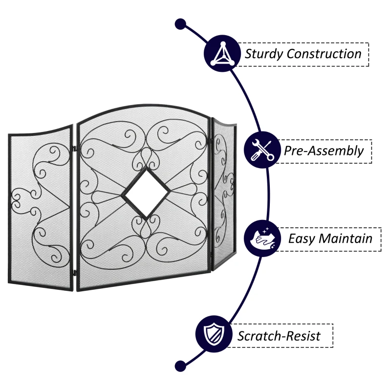 HOMCOM 3-Panel Metal Fireplace Spiral Mesh Cover Screen Home Foldable Steel Spark Guard Decoration, Black