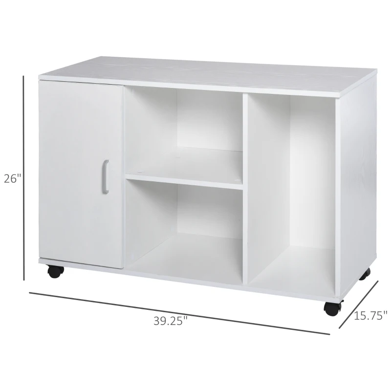 HOMCOM Wood Rolling File Cabinet Storage Organizer with 3 Large Open Shelves and Door Cabinet Door for Easy Storage and Mobility, White