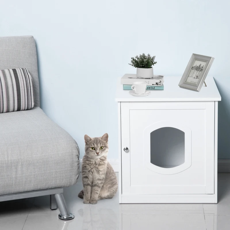 PawHut Decorative Wooden Covered Cat House Side End Table Mess Free Cat Litter Box Hideaway Cabinet Enclosure - White