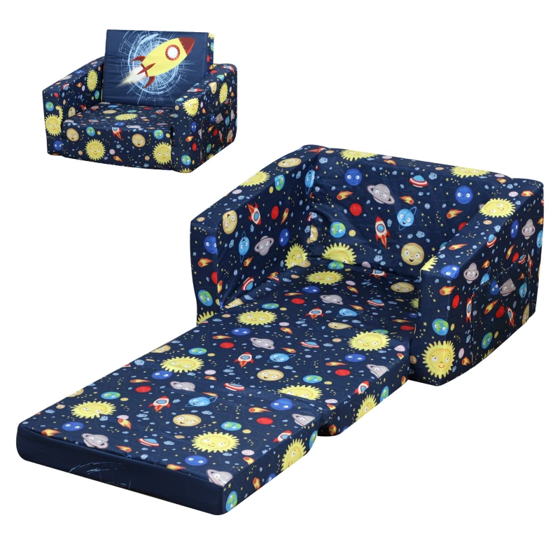Qaba Kids Fold-Out Couch/Chair Lounger with Space-Themed Washable Fabric & Removable Cushion for 3-6 Years Old, Blue