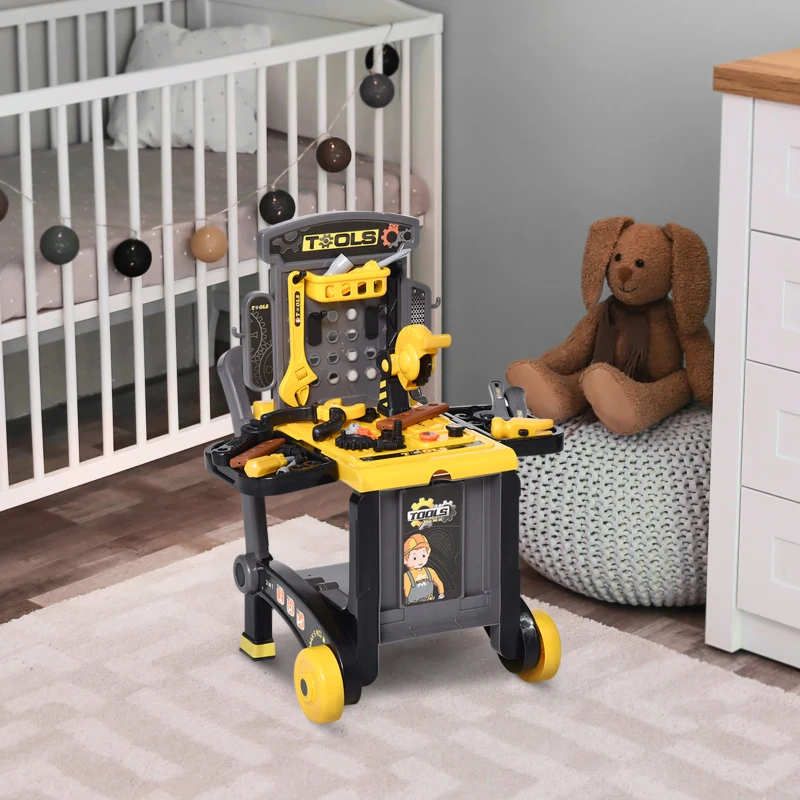 Qaba Kids Workbench Set Pretend Play Toy with Realistic Tools 3-in-1 Design Suitcase Cart with 60 Pcs Accessories for Girls and Boys 3 to 6 Years Old Yellow