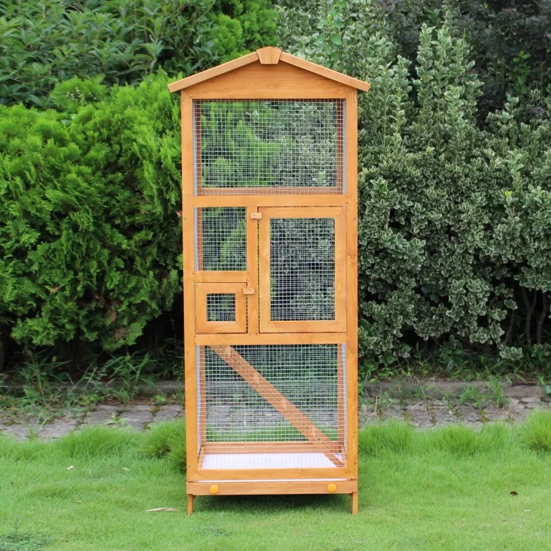 PawHut 65" Wooden Bird Cage Outdoor Aviary House for Parrot, Parakeet, with Pull Out Tray and 2 Doors, Natural