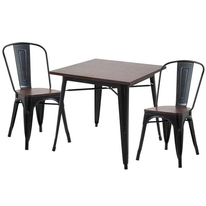 HOMCOM 3 Piece Industrial Style Dining Table Set, Small Kitchen Table and Chairs for 2,Steel Frame and Wooden Top, Black