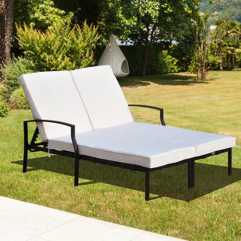 Outsunny 74" Reclining Outdoor Double Lounge Chair With Cushions - Cream / Black
