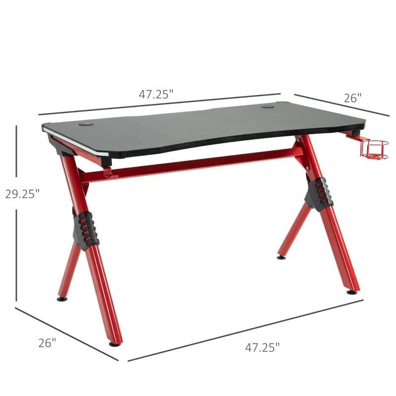 HOMCOM 43in Gaming Desk with RGB LED Lights Racing Style Gaming Table with Cup Holder & Cable Management, Red